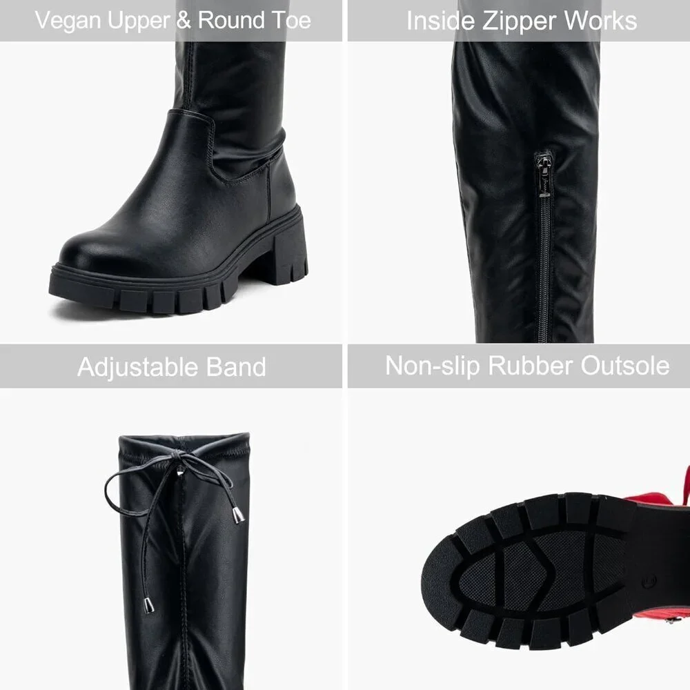 Women's Platform Boots-990-black Pu Over The Knee Thigh High Round Toe Long Boot